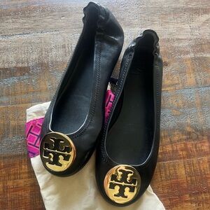 Tory Burch Black Ballet Flats with Gold Logo